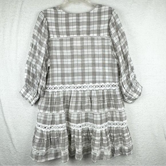 NWT Free People Time Out Lace Trim Plaid Puff Sleeve Trapeze Tunic Blouse Sz M - Picture 12 of 15